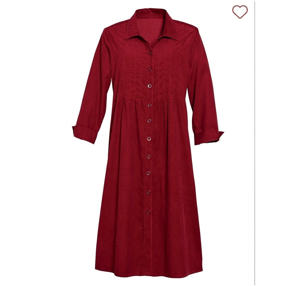 Vermont Country Store Womens 1X Burgundy Corduroy Pintuck Button Front Dress